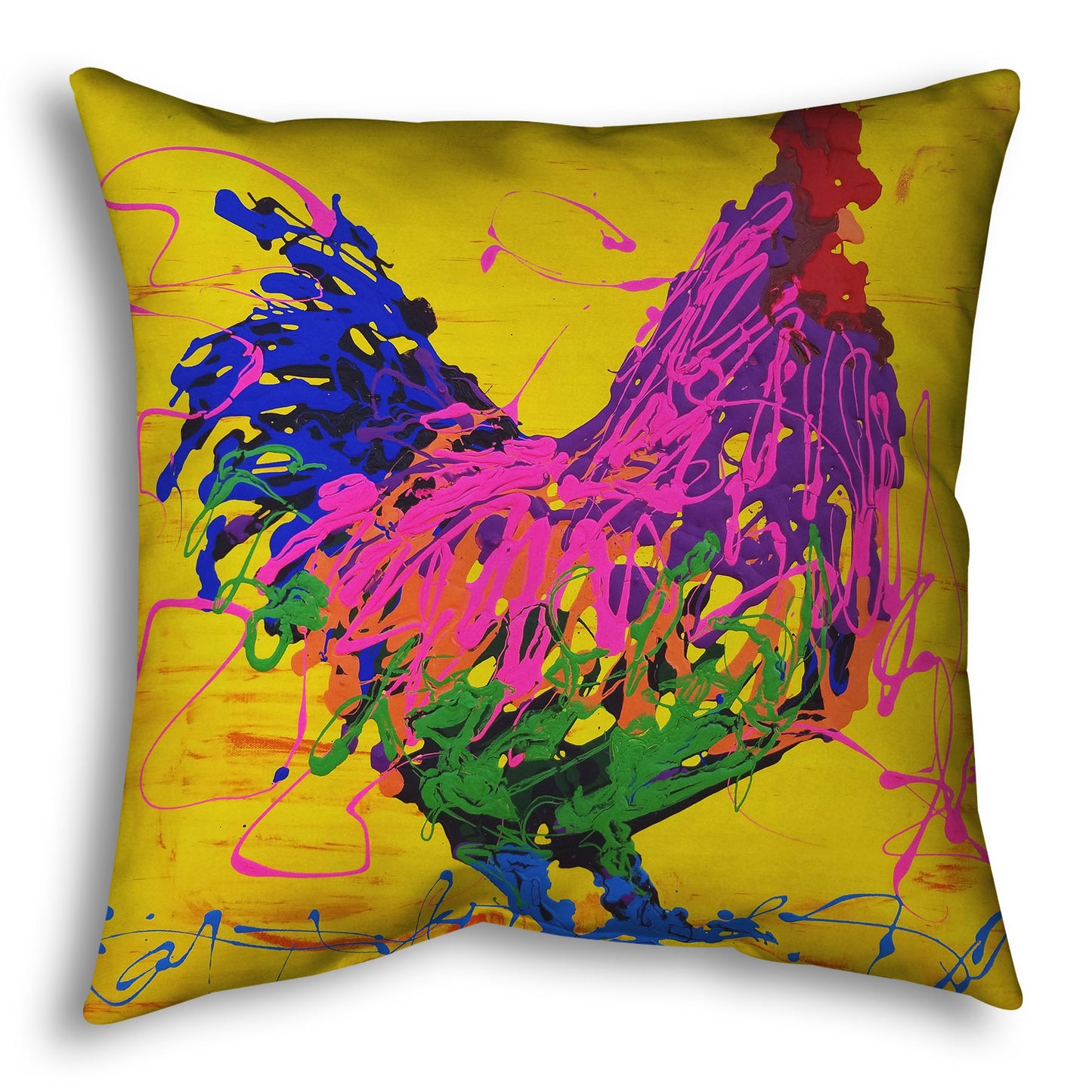 A square throw pillow designed with a drip painting of a pink and purple rooster on a bright yellow background, accented with blue and green.