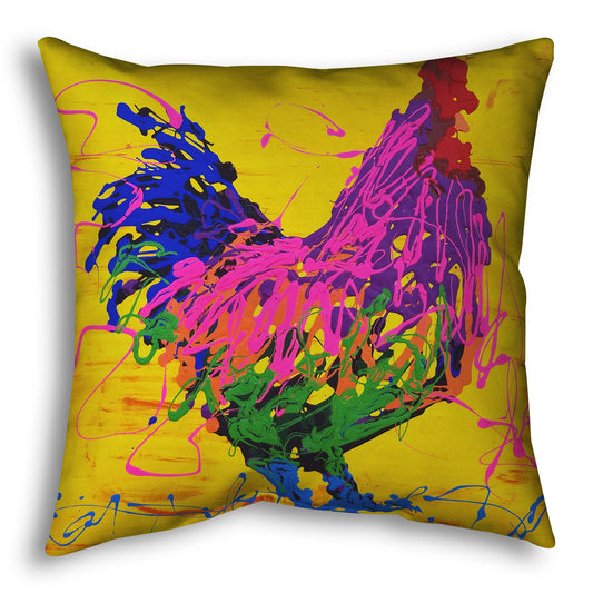 A square throw pillow designed with a drip painting of a pink and purple rooster on a bright yellow background, accented with blue and green.
