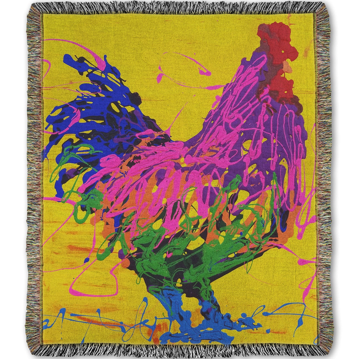 A woven blanket designed with a drip painting of a pink and purple rooster on a bright yellow background, accented with blue and green.