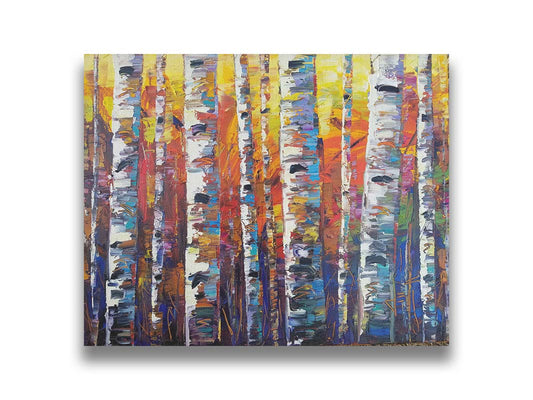 A colorful painting of a forest of birch trees in arbitrary color, with white trunks against a yellow, red, and blue background made of large swaths of pallet knife paint. Printed on canvas.