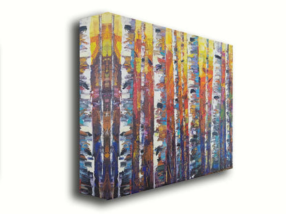 A colorful painting of a forest of birch trees in arbitrary color, with white trunks against a yellow, red, and blue background made of large swaths of pallet knife paint. Printed on canvas.