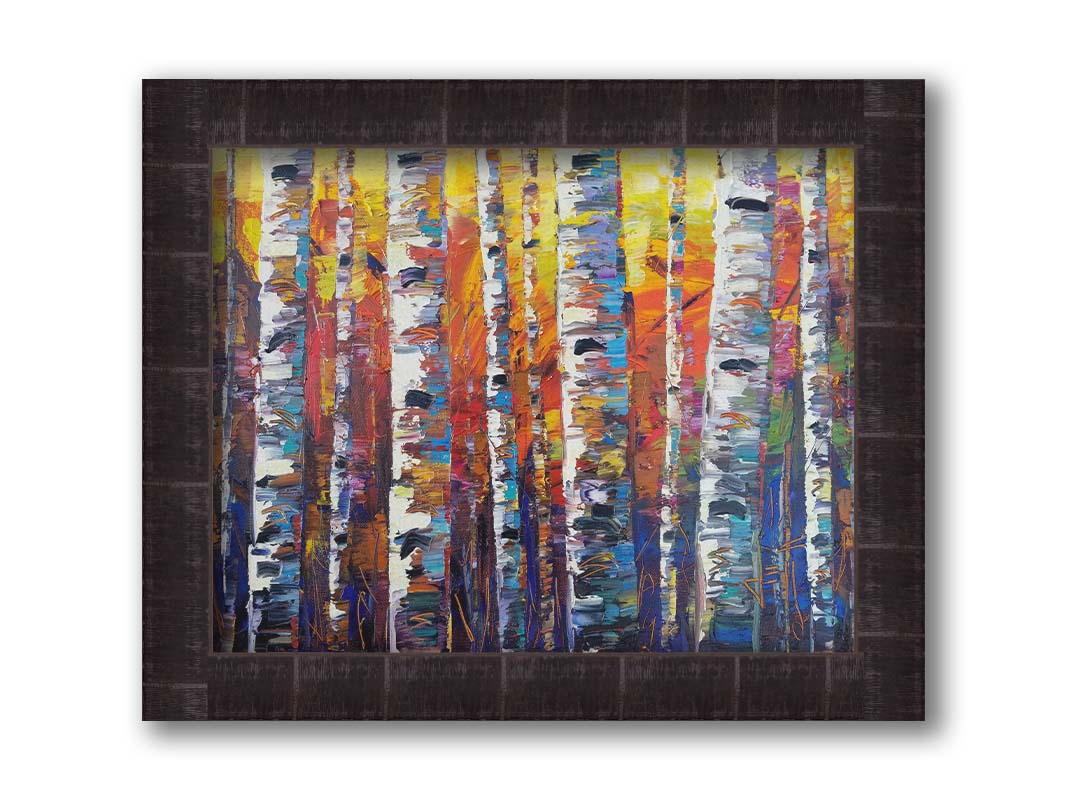 A colorful painting of a forest of birch trees in arbitrary color, with white trunks against a yellow, red, and blue background made of large swaths of pallet knife paint. Printed on canvas and framed.