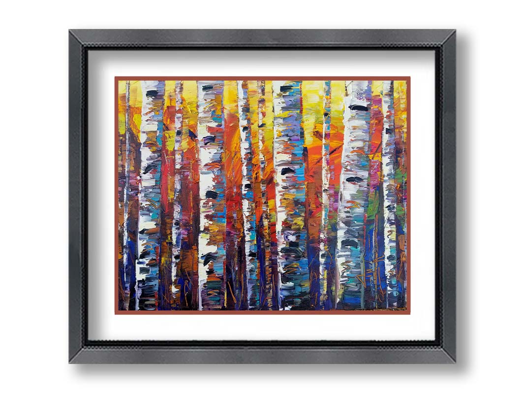 A colorful painting of a forest of birch trees in arbitrary color, with white trunks against a yellow, red, and blue background made of large swaths of pallet knife paint. Printed on paper, matted, and framed.