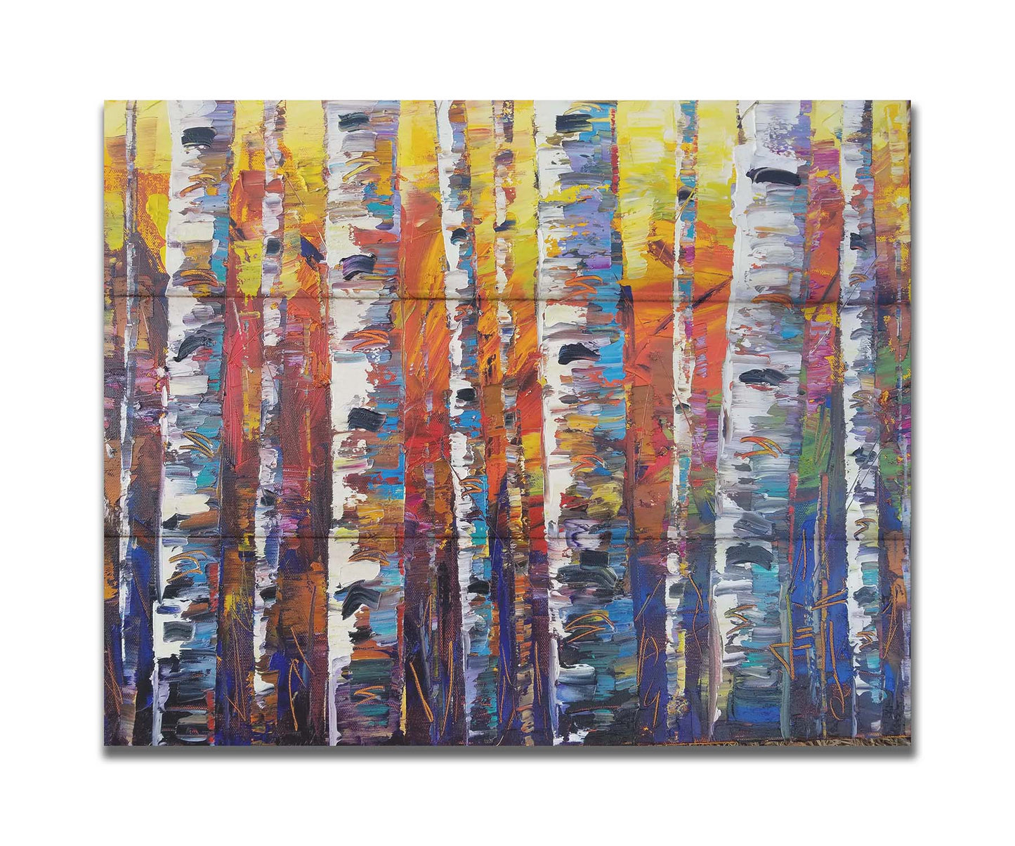 A colorful painting of a forest of birch trees in arbitrary color, with white trunks against a yellow, red, and blue background made of large swaths of pallet knife paint. Printed on a box board.