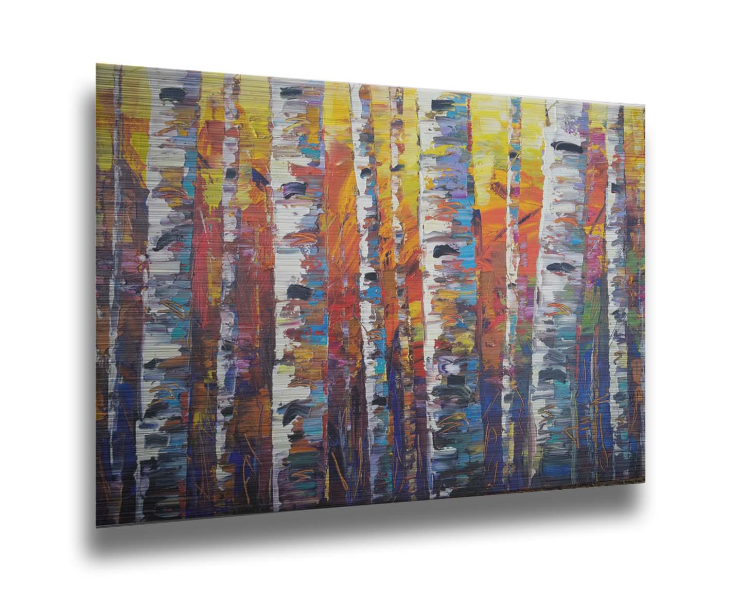 A colorful painting of a forest of birch trees in arbitrary color, with white trunks against a yellow, red, and blue background made of large swaths of pallet knife paint. Printed on metal.