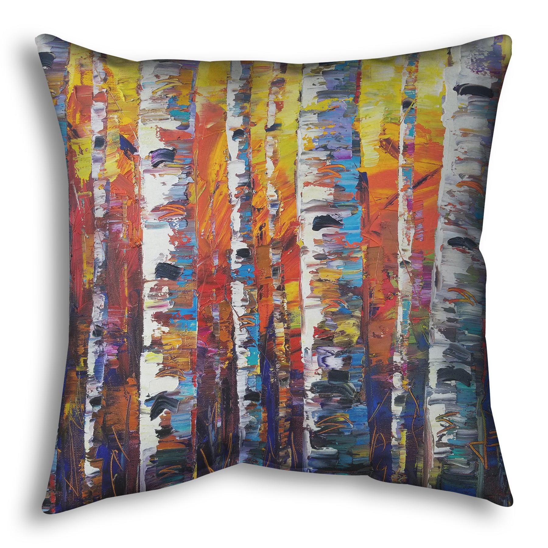 A square throw pillow designed with a colorful painting of a forest of birch trees in arbitrary color, with white trunks against a yellow, red, and blue background made of large swaths of pallet knife paint.