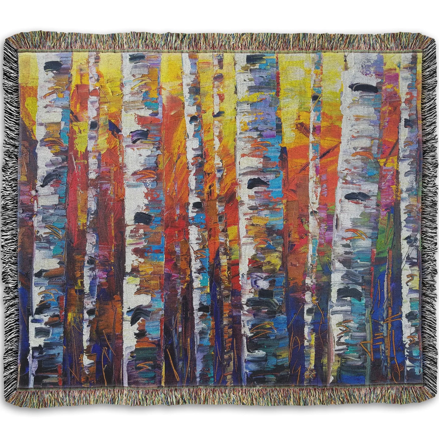 A woven throw blanket designed with a colorful painting of a forest of birch trees in arbitrary color, with white trunks against a yellow, red, and blue background made of large swaths of pallet knife paint.