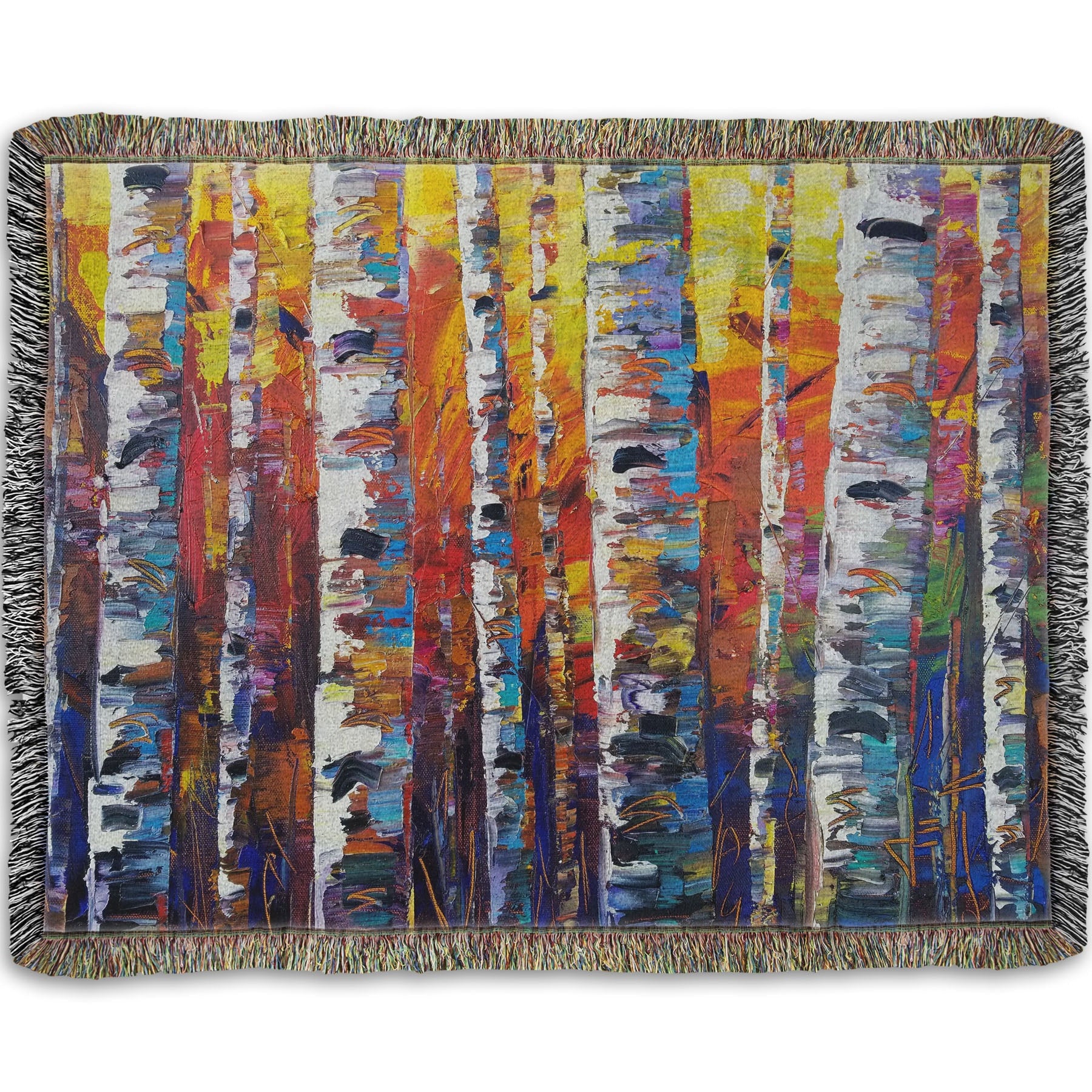 A woven throw blanket designed with a colorful painting of a forest of birch trees in arbitrary color, with white trunks against a yellow, red, and blue background made of large swaths of pallet knife paint.