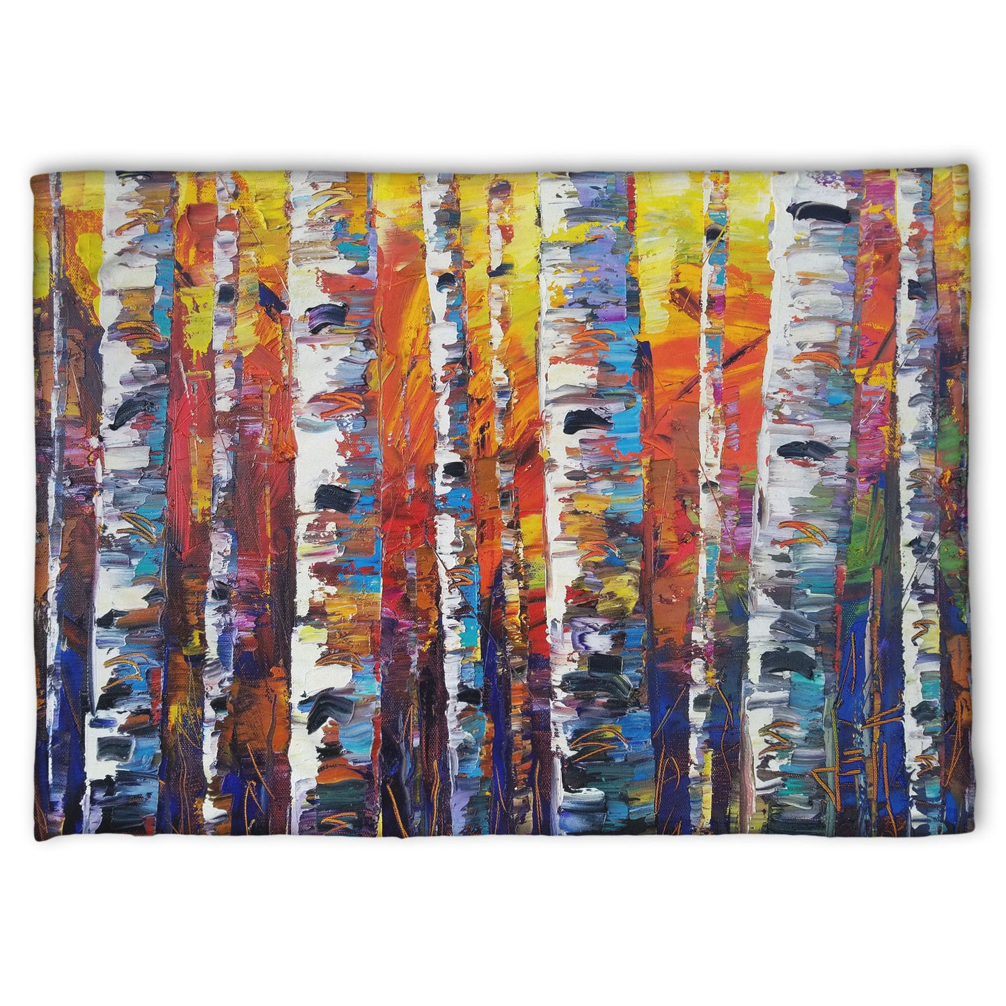 A fleece throw blanket designed with a colorful painting of a forest of birch trees in arbitrary color, with white trunks against a yellow, red, and blue background made of large swaths of pallet knife paint.