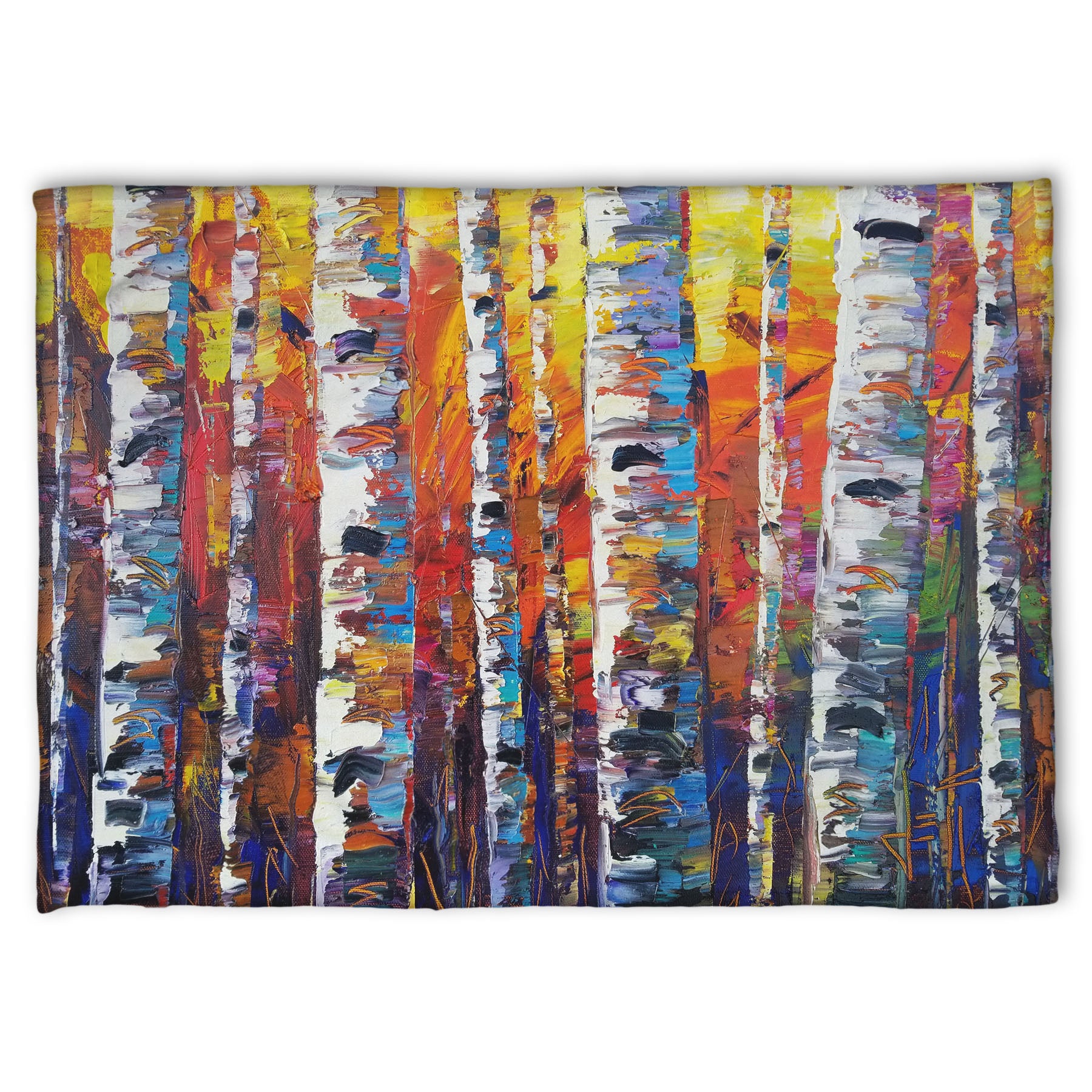 A fleece throw blanket designed with a colorful painting of a forest of birch trees in arbitrary color, with white trunks against a yellow, red, and blue background made of large swaths of pallet knife paint.