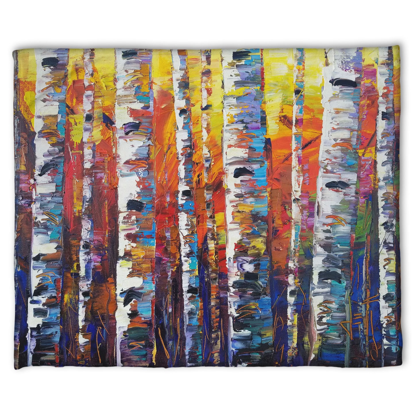 A fleece throw blanket designed with a colorful painting of a forest of birch trees in arbitrary color, with white trunks against a yellow, red, and blue background made of large swaths of pallet knife paint.
