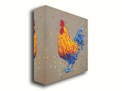 A drip painting portrait of a rooster in red, orange, yellow, blue, and purple against a gray background. Printed on canvas.