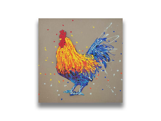 A drip painting portrait of a rooster in red, orange, yellow, blue, and purple against a gray background. Printed on canvas.