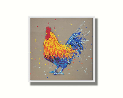 A drip painting portrait of a rooster in red, orange, yellow, blue, and purple against a gray background. Printed on canvas in a float frame.