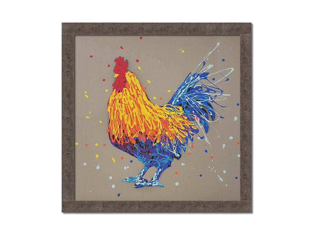 A drip painting portrait of a rooster in red, orange, yellow, blue, and purple against a gray background. Printed on canvas and framed.