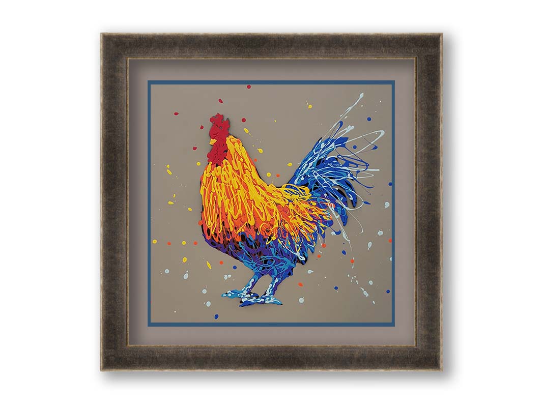 A drip painting portrait of a rooster in red, orange, yellow, blue, and purple against a gray background. Printed on paper, matted, and framed.