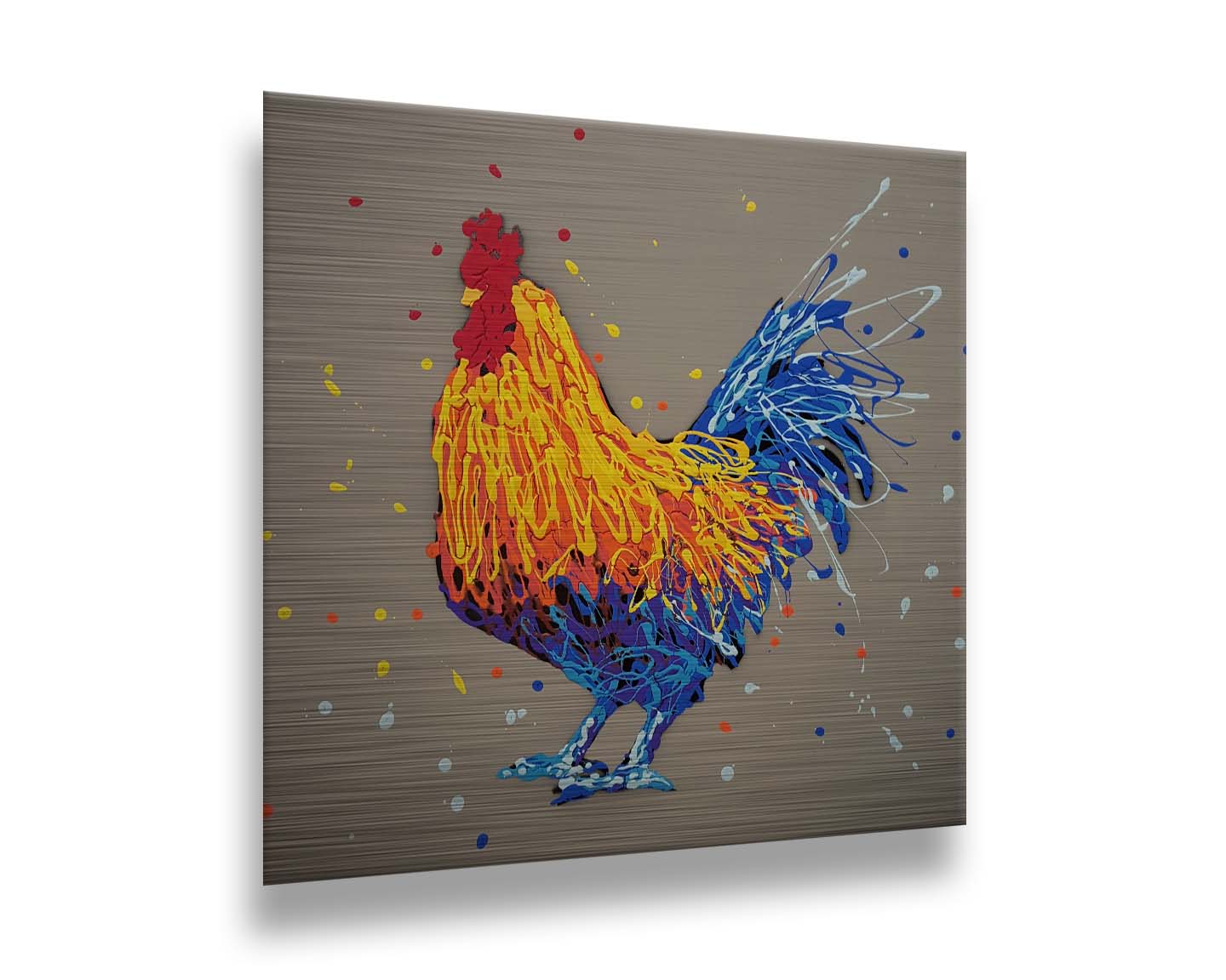 A drip painting portrait of a rooster in red, orange, yellow, blue, and purple against a gray background. Printed on metal.