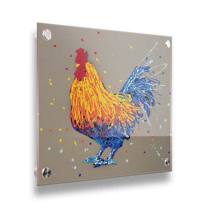 A drip painting portrait of a rooster in red, orange, yellow, blue, and purple against a gray background. Printed on acrylic.