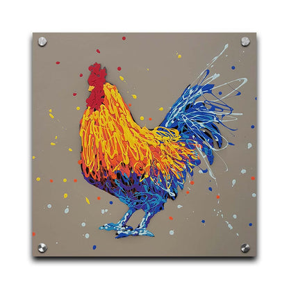 A drip painting portrait of a rooster in red, orange, yellow, blue, and purple against a gray background. Printed on acrylic.