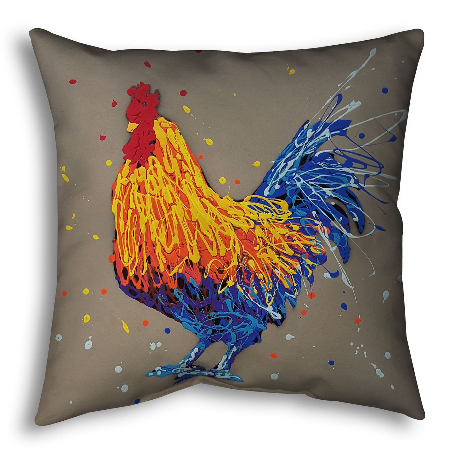 A square throw pillow designed with a drip painting portrait of a rooster in red, orange, yellow, blue, and purple against a gray background.