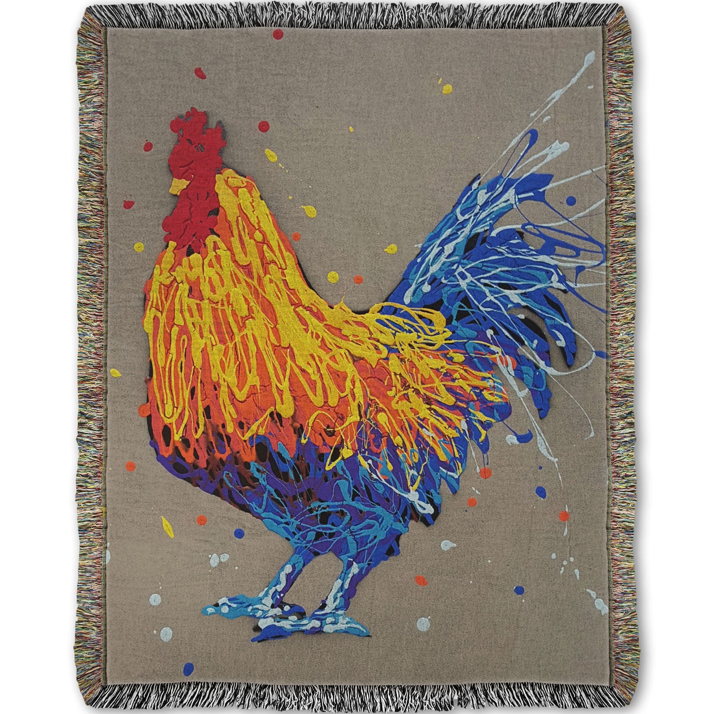 A woven throw blanket designed with a drip painting portrait of a rooster in red, orange, yellow, blue, and purple against a gray background.