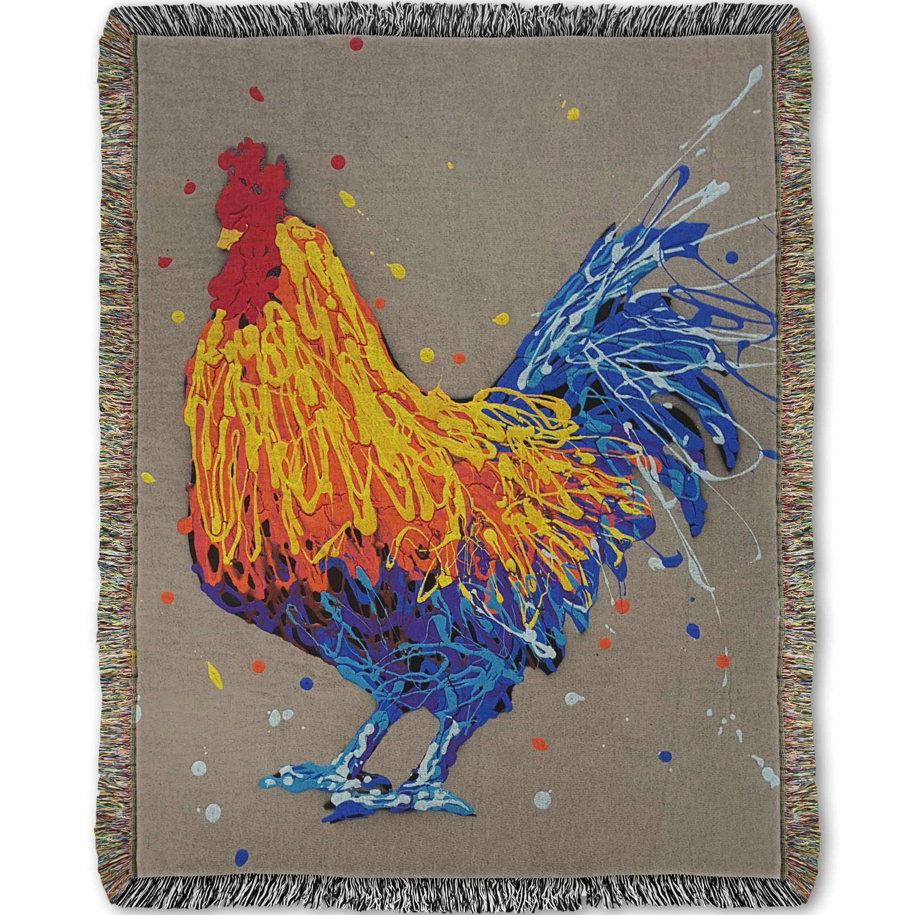 A woven throw blanket designed with a drip painting portrait of a rooster in red, orange, yellow, blue, and purple against a gray background.