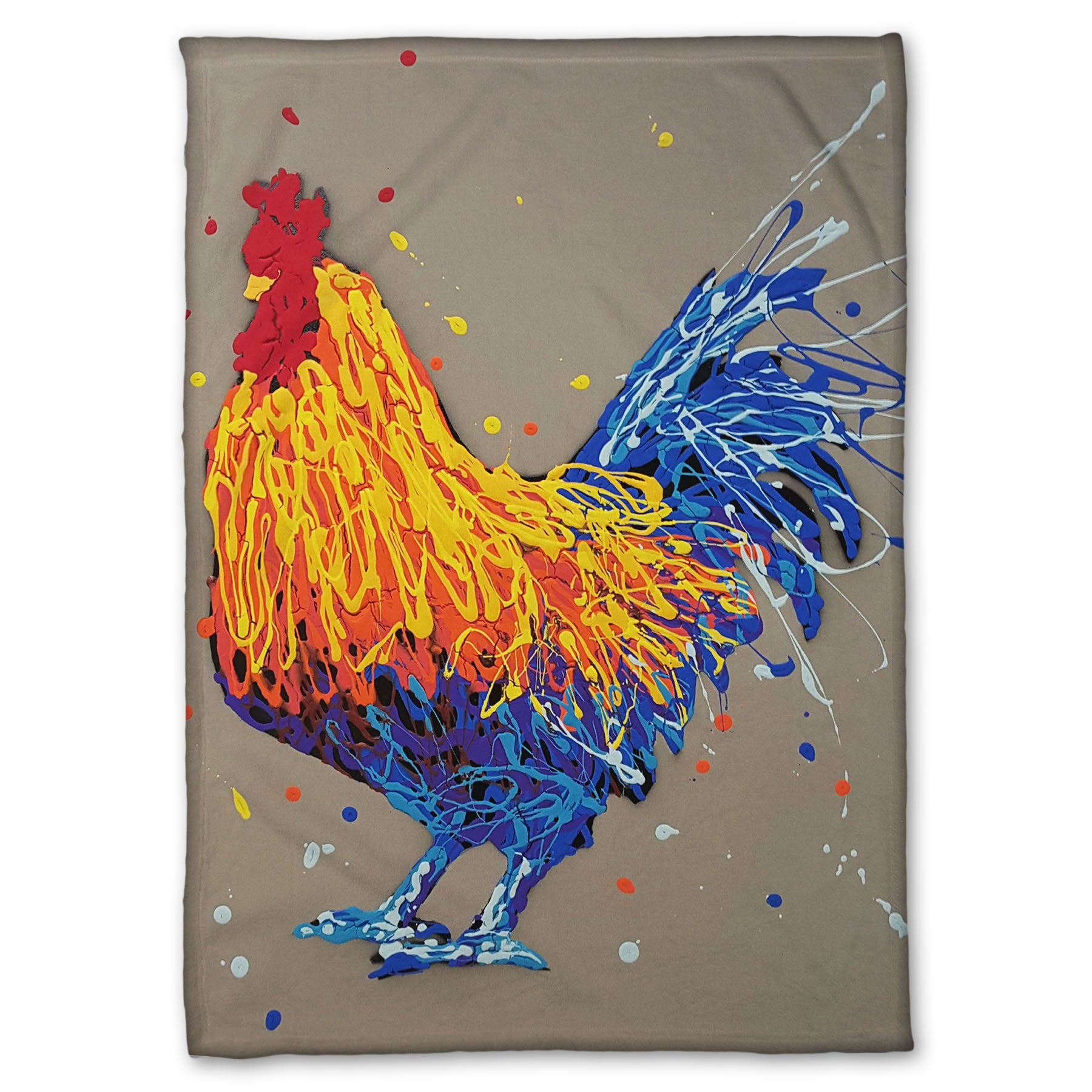 A fleece throw blanket designed with a drip painting portrait of a rooster in red, orange, yellow, blue, and purple against a gray background.