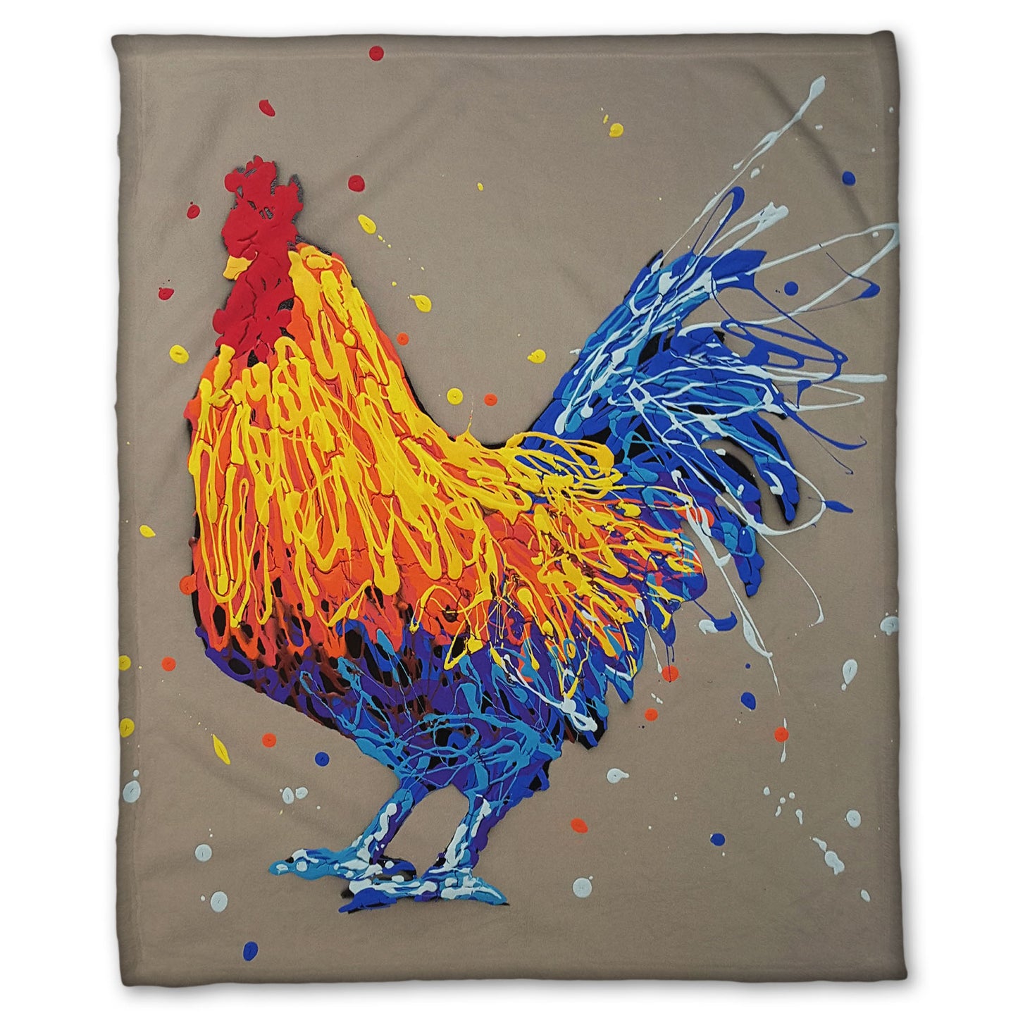 A fleece throw blanket designed with a drip painting portrait of a rooster in red, orange, yellow, blue, and purple against a gray background.