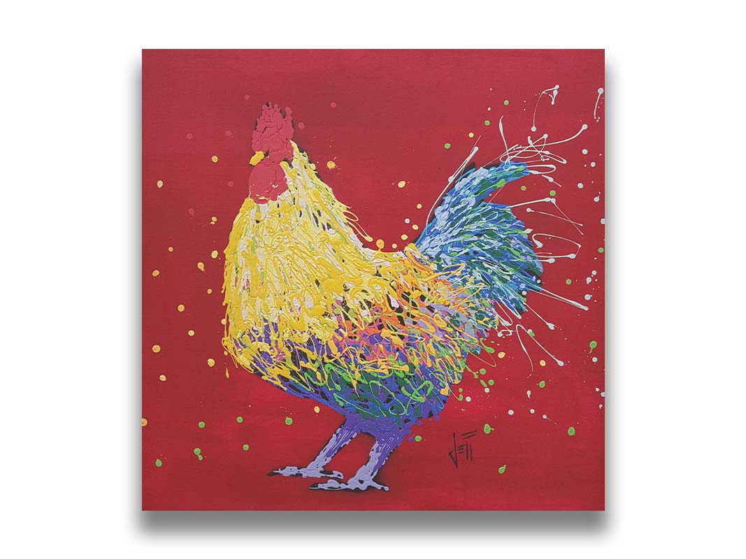 A drip painting of a multicolored rooster on a red background, accented with dots and splatters of yellow and green. Printed on canvas.