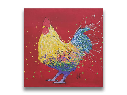 A drip painting of a multicolored rooster on a red background, accented with dots and splatters of yellow and green. Printed on canvas.