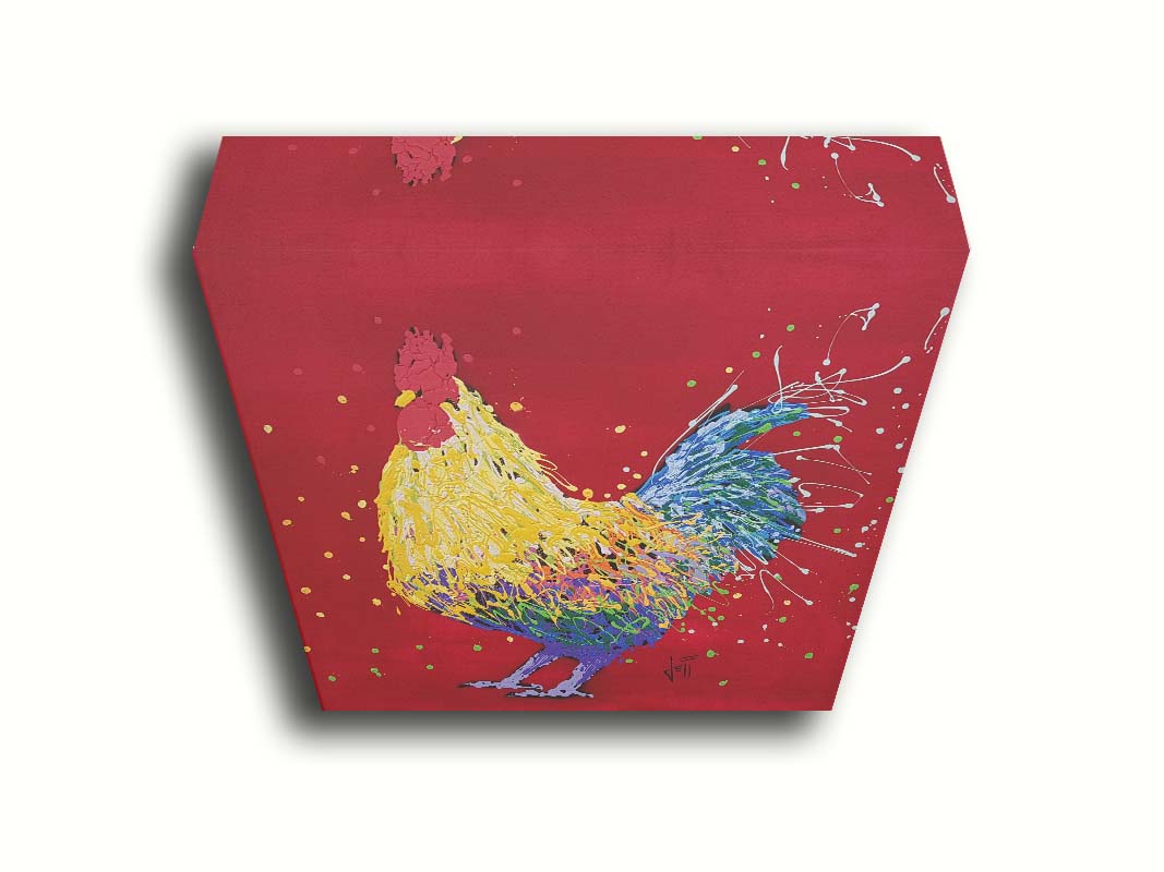 A drip painting of a multicolored rooster on a red background, accented with dots and splatters of yellow and green. Printed on canvas.