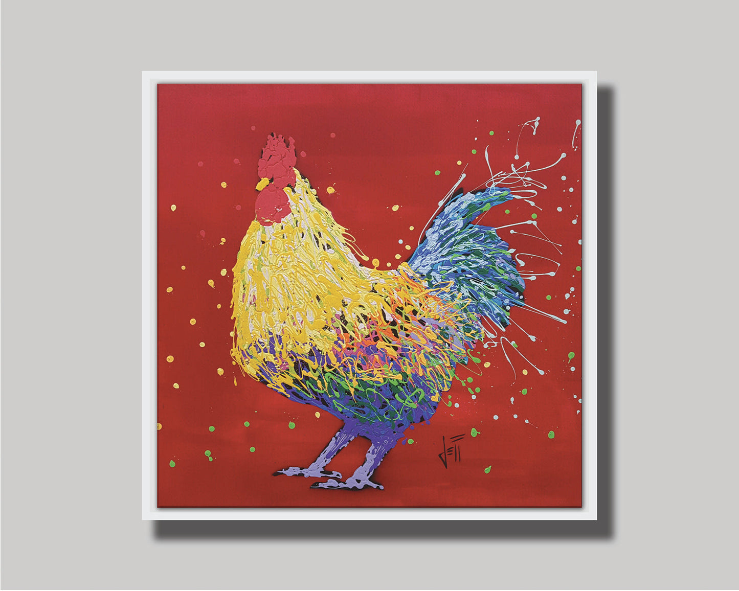 A drip painting of a multicolored rooster on a red background, accented with dots and splatters of yellow and green. Printed on canvas in a float frame.