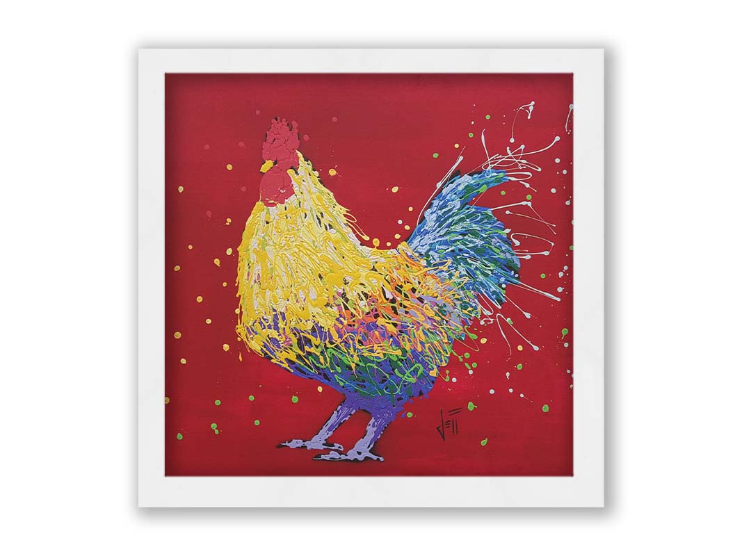 A drip painting of a multicolored rooster on a red background, accented with dots and splatters of yellow and green. Printed on canvas and framed.