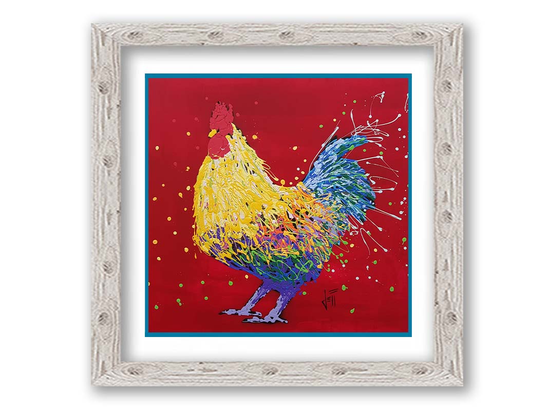 A drip painting of a multicolored rooster on a red background, accented with dots and splatters of yellow and green. Printed on paper, matted, and framed.