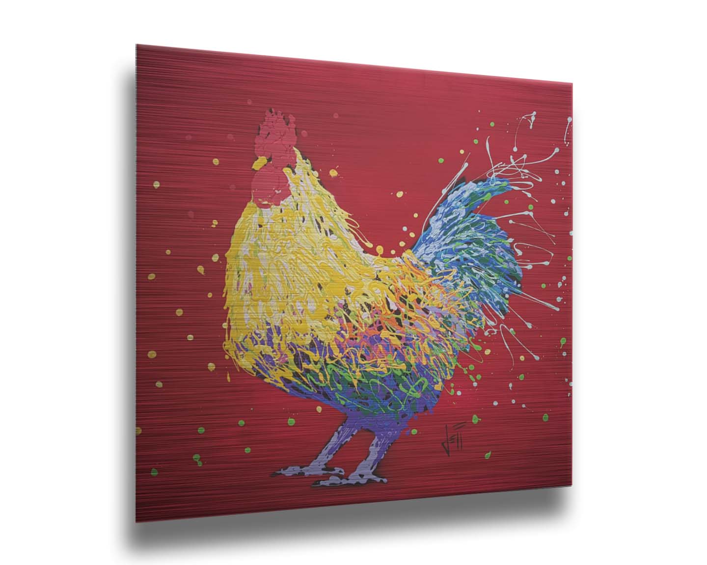 A drip painting of a multicolored rooster on a red background, accented with dots and splatters of yellow and green. Printed on metal.