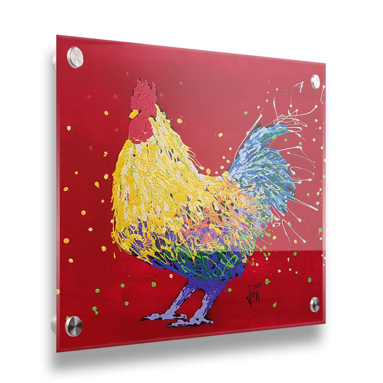 A drip painting of a multicolored rooster on a red background, accented with dots and splatters of yellow and green. Printed on acrylic.