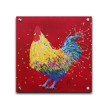 A drip painting of a multicolored rooster on a red background, accented with dots and splatters of yellow and green. Printed on acrylic.