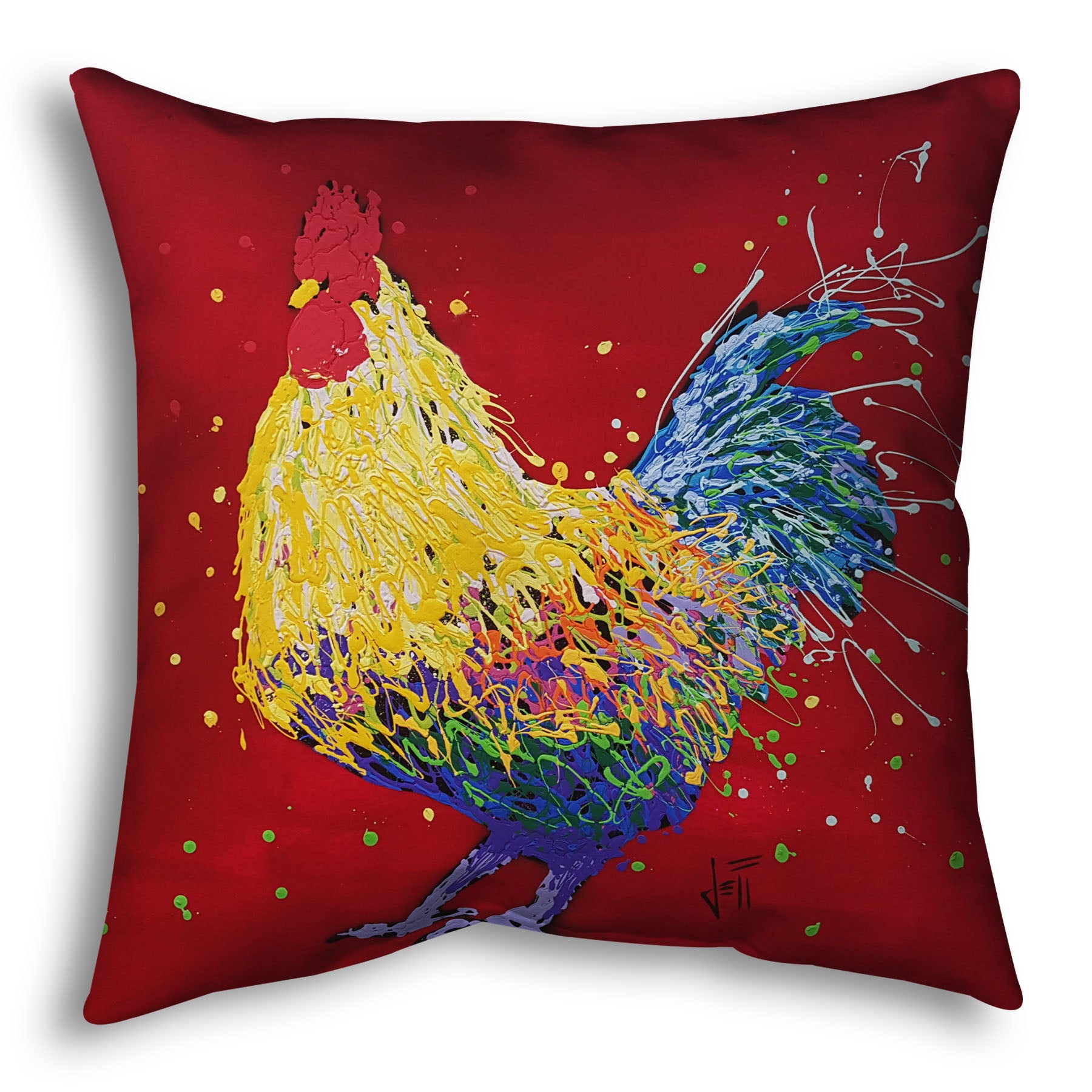 A square throw pillow designed with a drip painting of a multicolored rooster on a red background, accented with dots and splatters of yellow and green. 
