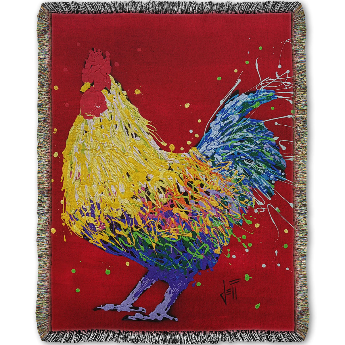 A woven throw blanket designed with a drip painting of a multicolored rooster on a red background, accented with dots and splatters of yellow and green. 