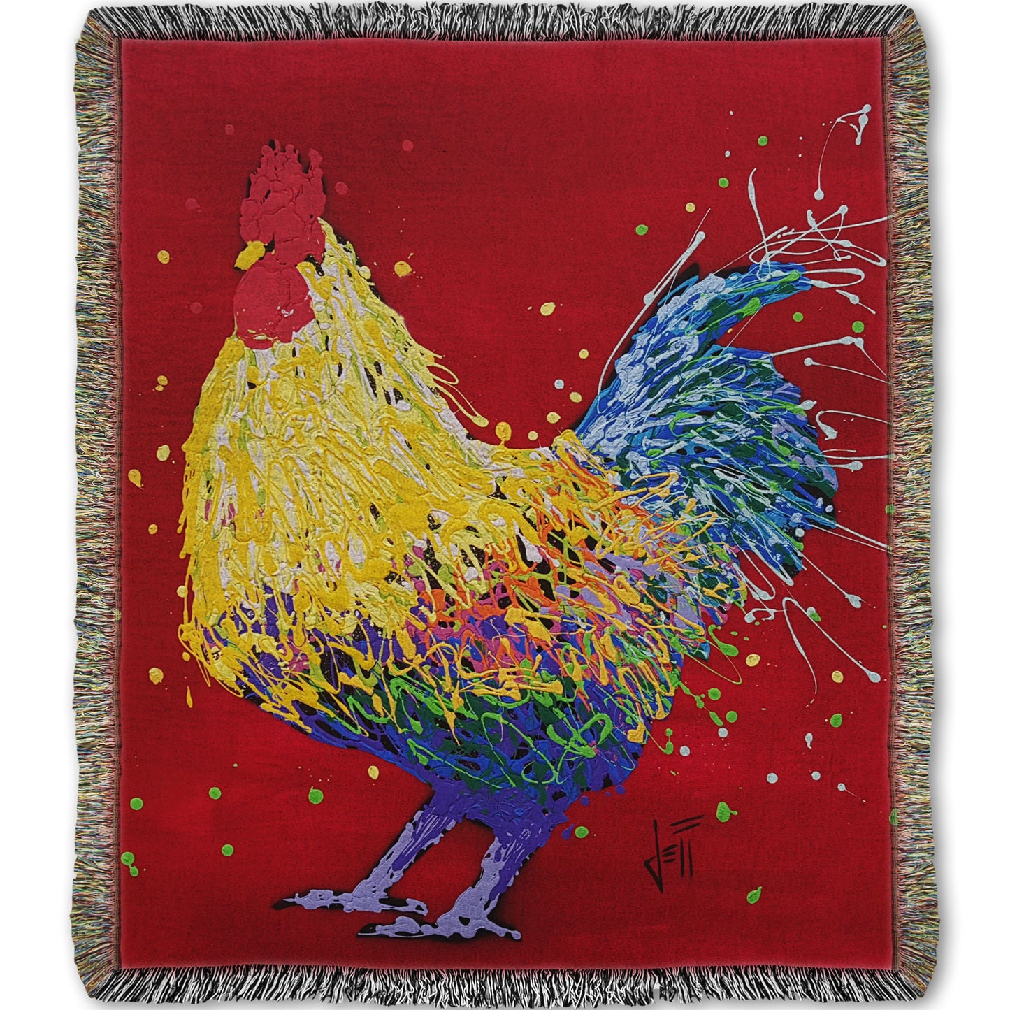 A woven throw blanket designed with a drip painting of a multicolored rooster on a red background, accented with dots and splatters of yellow and green. 