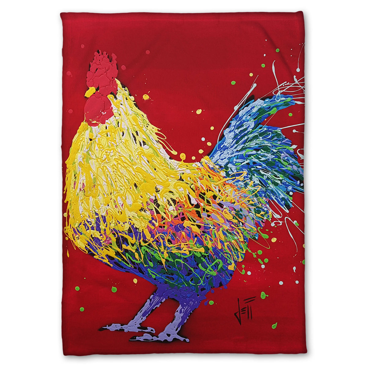 A fleece throw blanket designed with a drip painting of a multicolored rooster on a red background, accented with dots and splatters of yellow and green. 