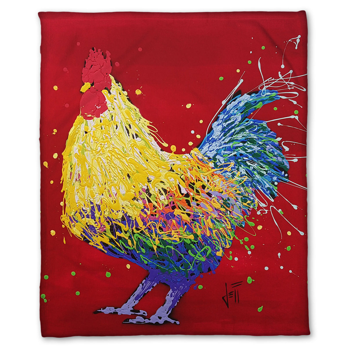 A fleece throw blanket designed with a drip painting of a multicolored rooster on a red background, accented with dots and splatters of yellow and green. 
