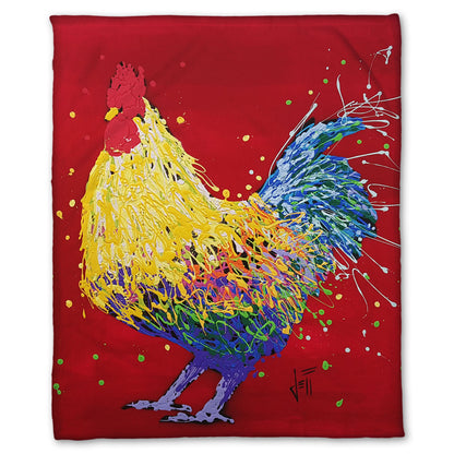 A fleece throw blanket designed with a drip painting of a multicolored rooster on a red background, accented with dots and splatters of yellow and green. 