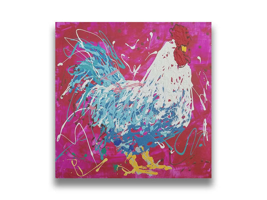 A drip painting of a white and blue rooster on a red and pink background, accented by white, yellow, green, and brown. Printed on canvas.