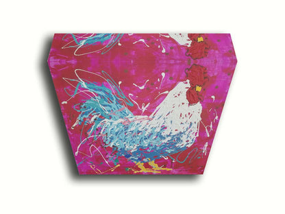 A drip painting of a white and blue rooster on a red and pink background, accented by white, yellow, green, and brown. Printed on canvas.