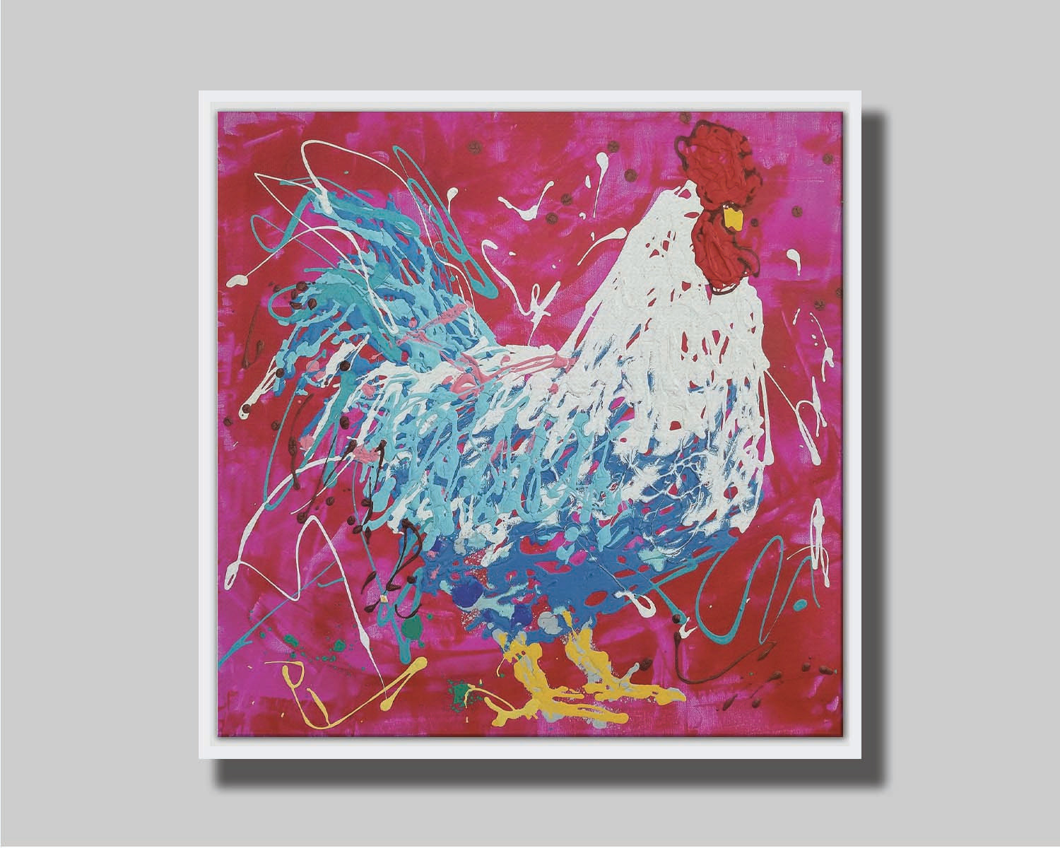 A drip painting of a white and blue rooster on a red and pink background, accented by white, yellow, green, and brown. Printed on canvas in a float frame.