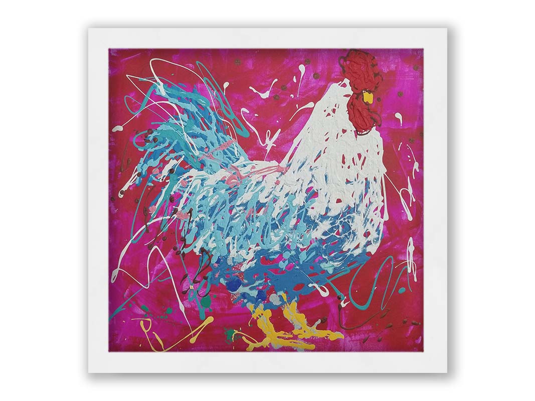 A drip painting of a white and blue rooster on a red and pink background, accented by white, yellow, green, and brown. Printed on canvas and framed.