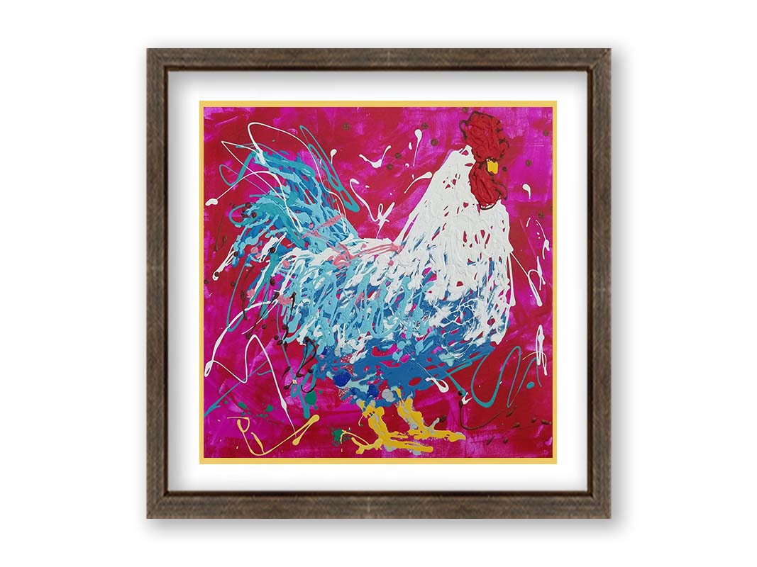 A drip painting of a white and blue rooster on a red and pink background, accented by white, yellow, green, and brown. Printed on paper, matted, and framed.