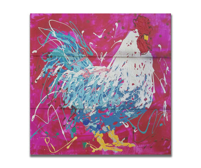 A drip painting of a white and blue rooster on a red and pink background, accented by white, yellow, green, and brown. Printed on a box board.