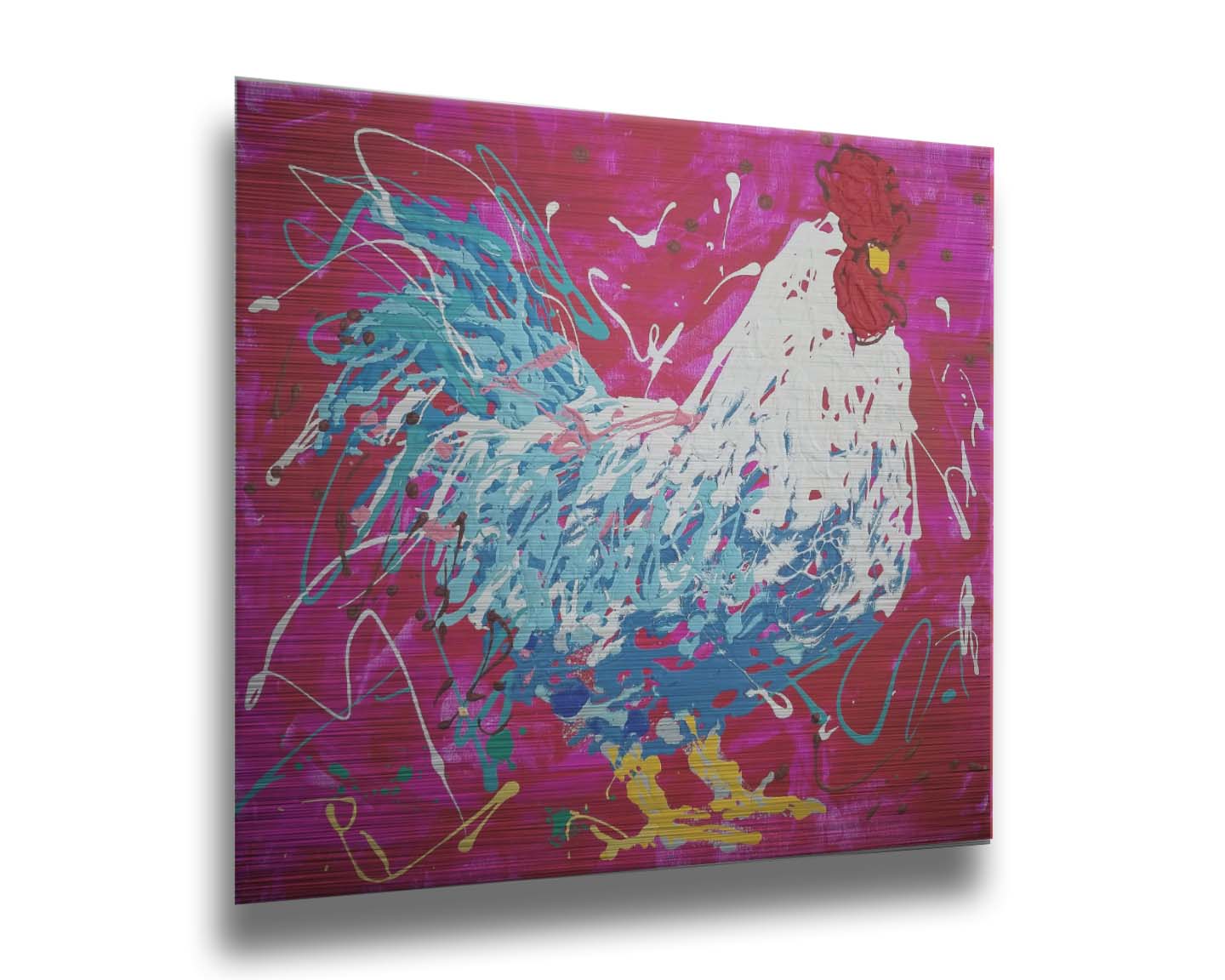 A drip painting of a white and blue rooster on a red and pink background, accented by white, yellow, green, and brown. Printed on metal.